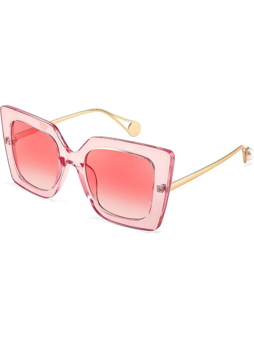 Women's Trendy Square Shades Pearl Inlay Cat Eye UV400 Protection Clear Pink